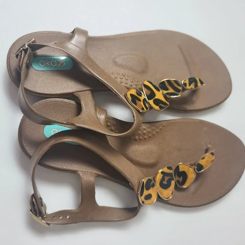 OkaB Leopold Button Sandals Brown Animal Print Ankle Strap Flats Arch Support 6